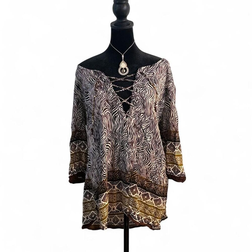 90s Boho Western Wild Child Zebra Print Peasant Blouse — Lace Up V-Neck